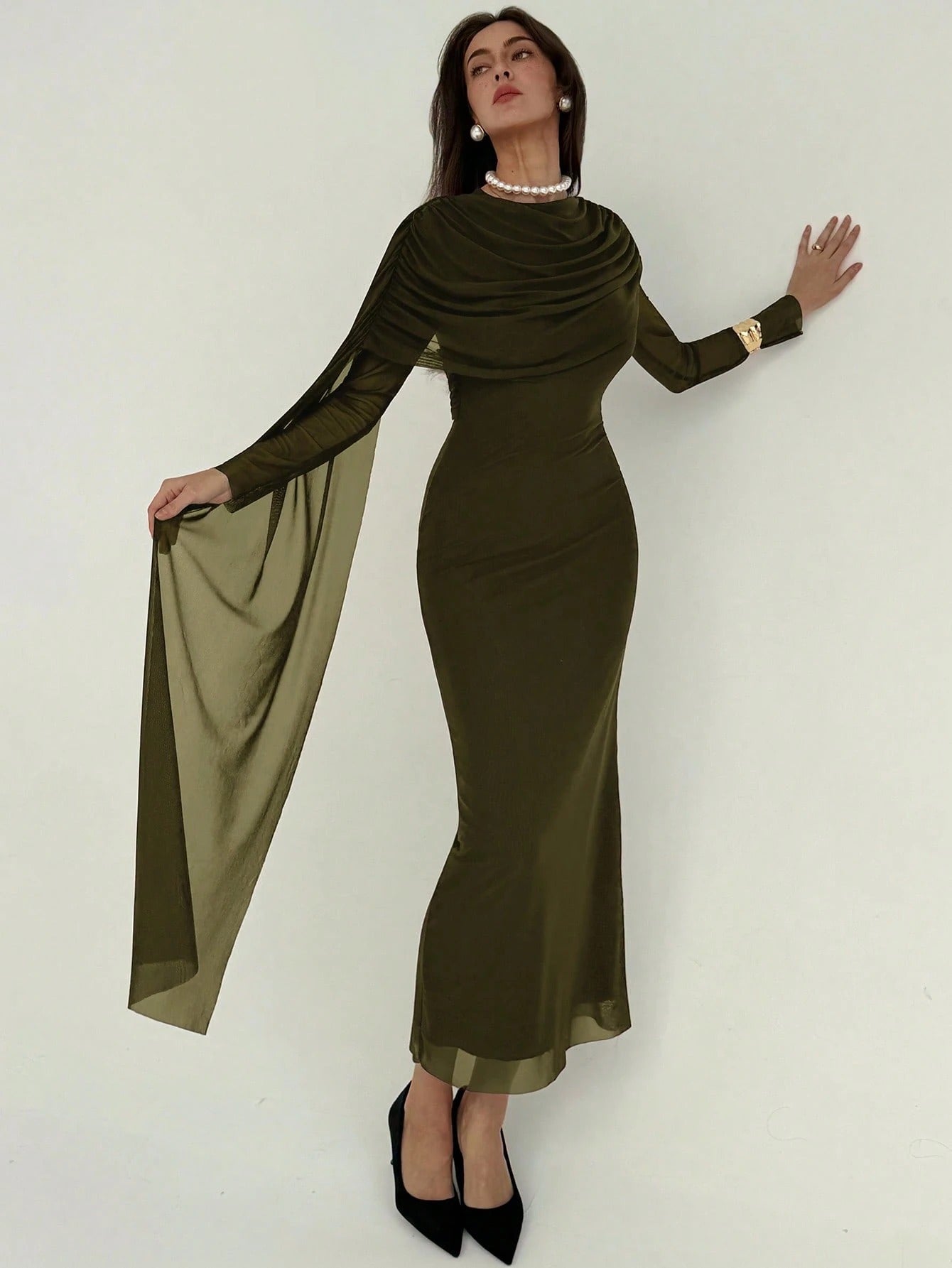 SHEIN Aloruh فستان طويل خريفي أنيق بكشكشة وربطة