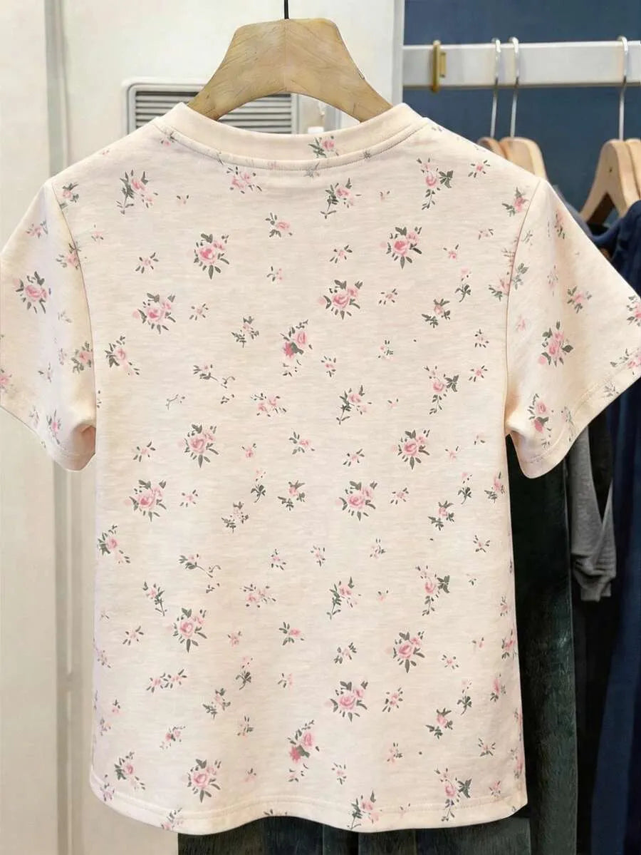SHEIN Resyla تيشيرت نسائي بطبعة زهور ناعمة