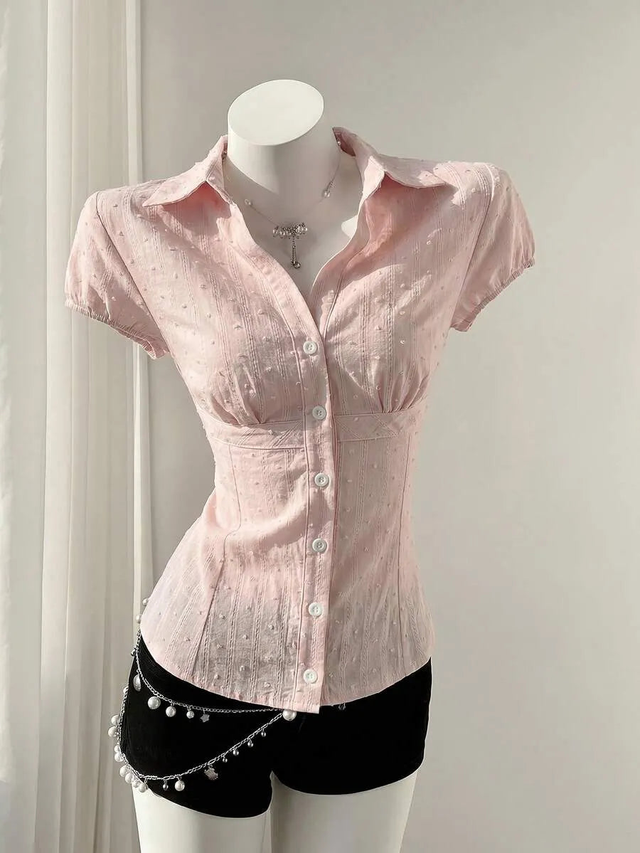SHEIN Flirla بلوزة مطرزة بنقشة جاكارد بأكمام قصيرة وتضيق الخصر