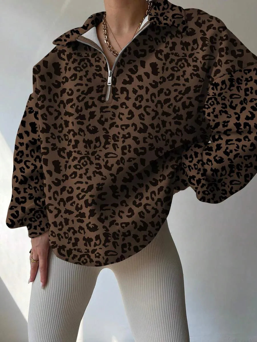 SHEIN INAWLY بلوزة نسائية فضفاضة بطبعة نمر وجيب وسحاب بلون بني شوكولاتة