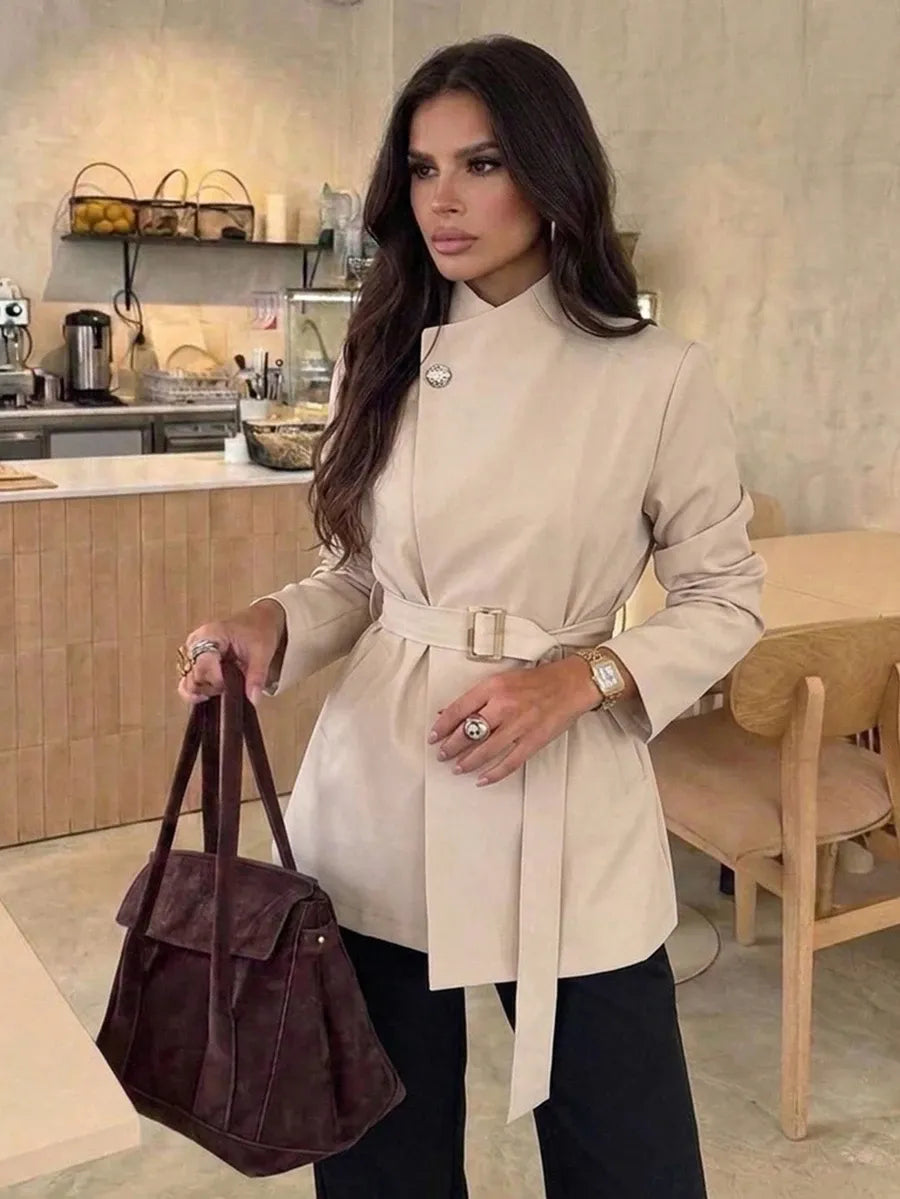 SHEIN Firerie معطف ترنش نسائي بياقة واقفة وأزرار وحزام خصر بلون كاكي