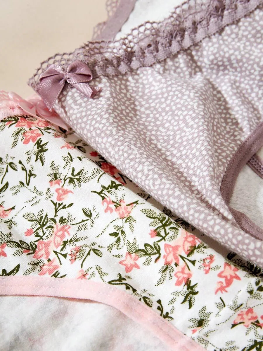 SHEIN سراويل داخلية نسائية من 5 قطع ودانتيل وفيونكة ومتعدد الألوان
