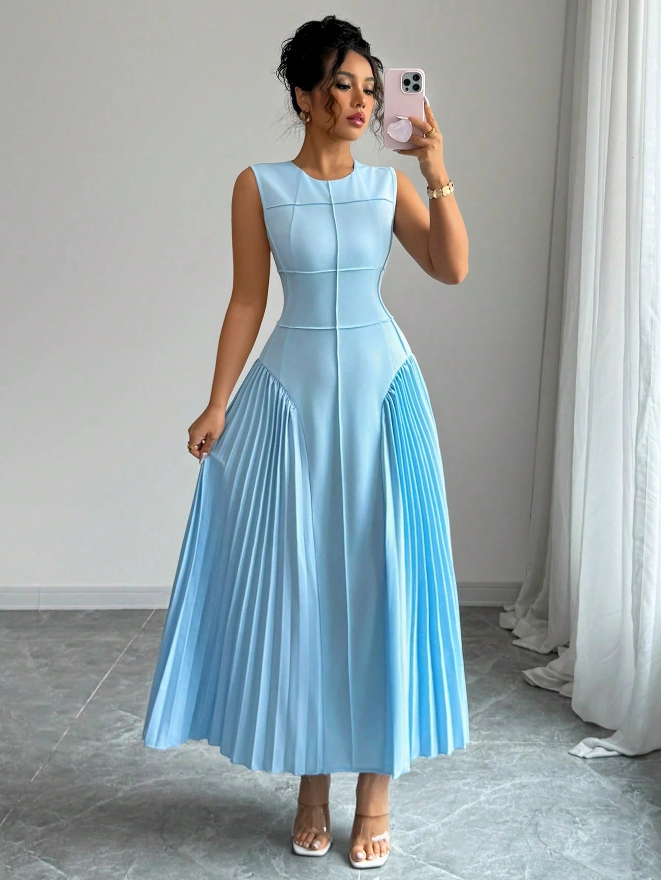 SHEIN Rafferiza فستان ماكسي صوفي أنيق بياقة عالية بدون أكمام