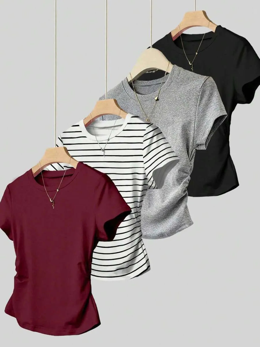 SHEIN تي شيرت نسائي ضيق مخطط بأكمام قصيرة بلون الأسود