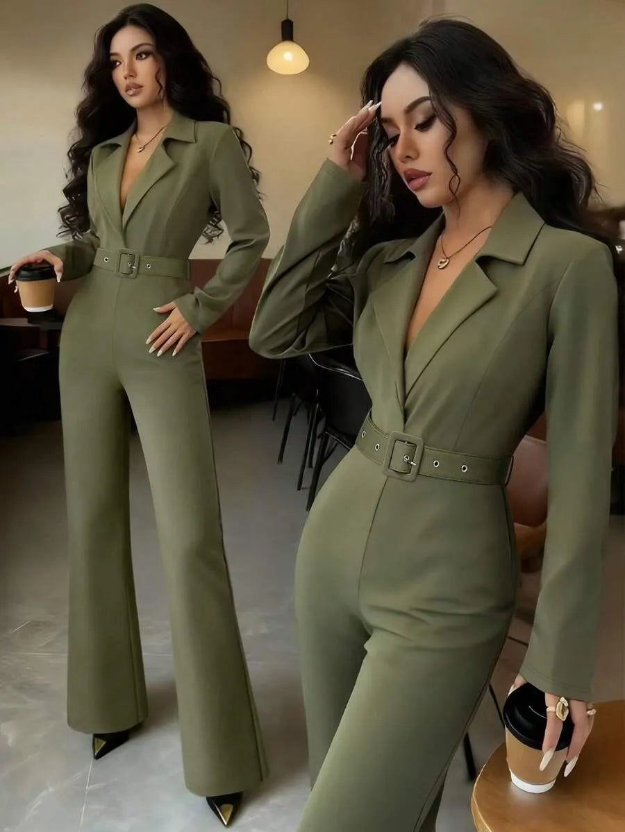 SHEIN INAWLY جمبسوت نسائي بخصر مرتفع وحزام وياقة لابيل وساق واسعة بلون أخضر