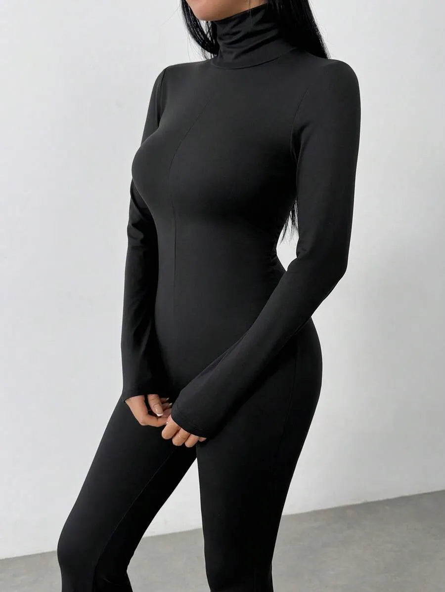 SHEIN Flirla بدلة نسائية محبوكة برقبة عالية وأكمام طويلة وخصر مرتفع بلون أسود
