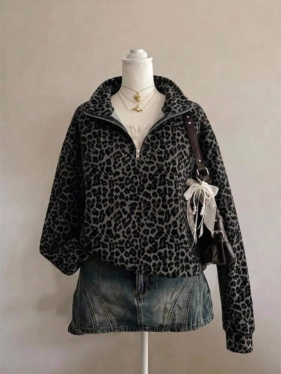 SHEIN EZwear بلوزة نسائية بنصف سحاب بطبعة نمر متعدد الألوان