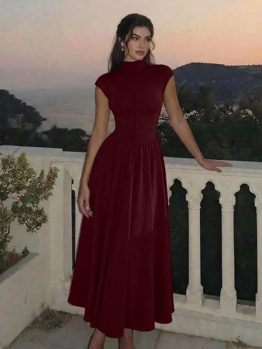 SHEIN Skyraze فستان نسائي طويل محبوك بياقة عالية وأكمام كاب بلون عنابي