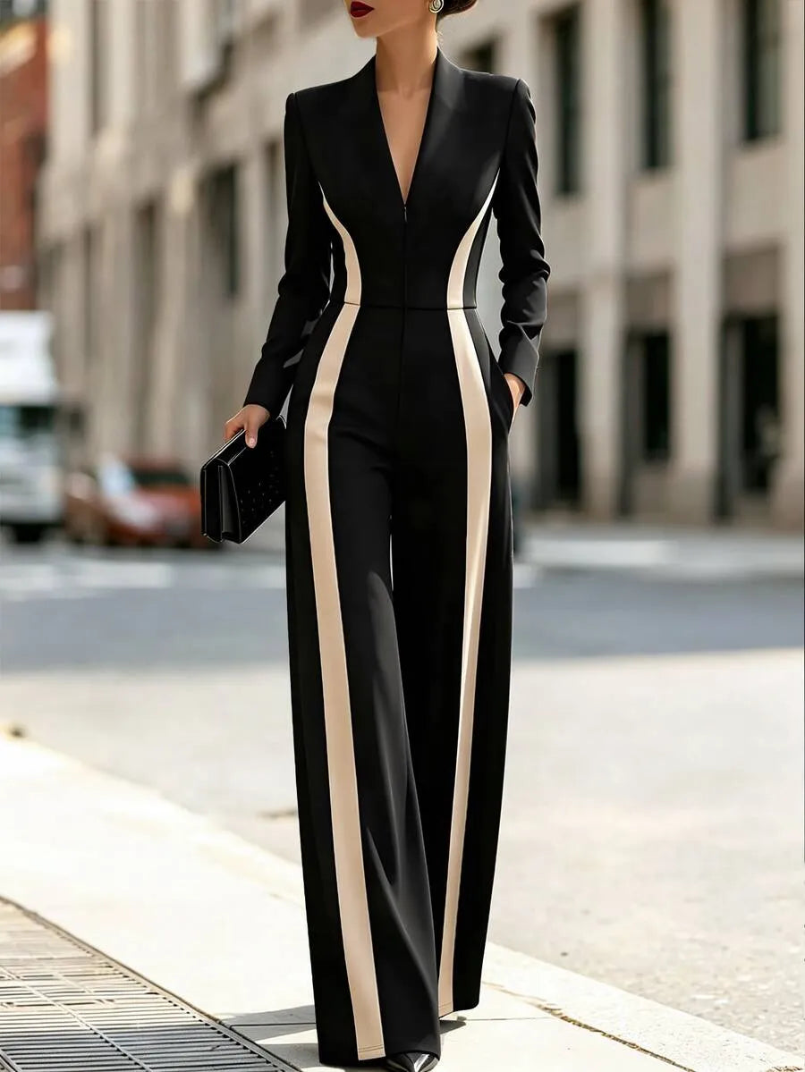 SHEIN جمبسوت نسائي بساق واسعة وخصر عالٍ وسحاب بلون الأسود