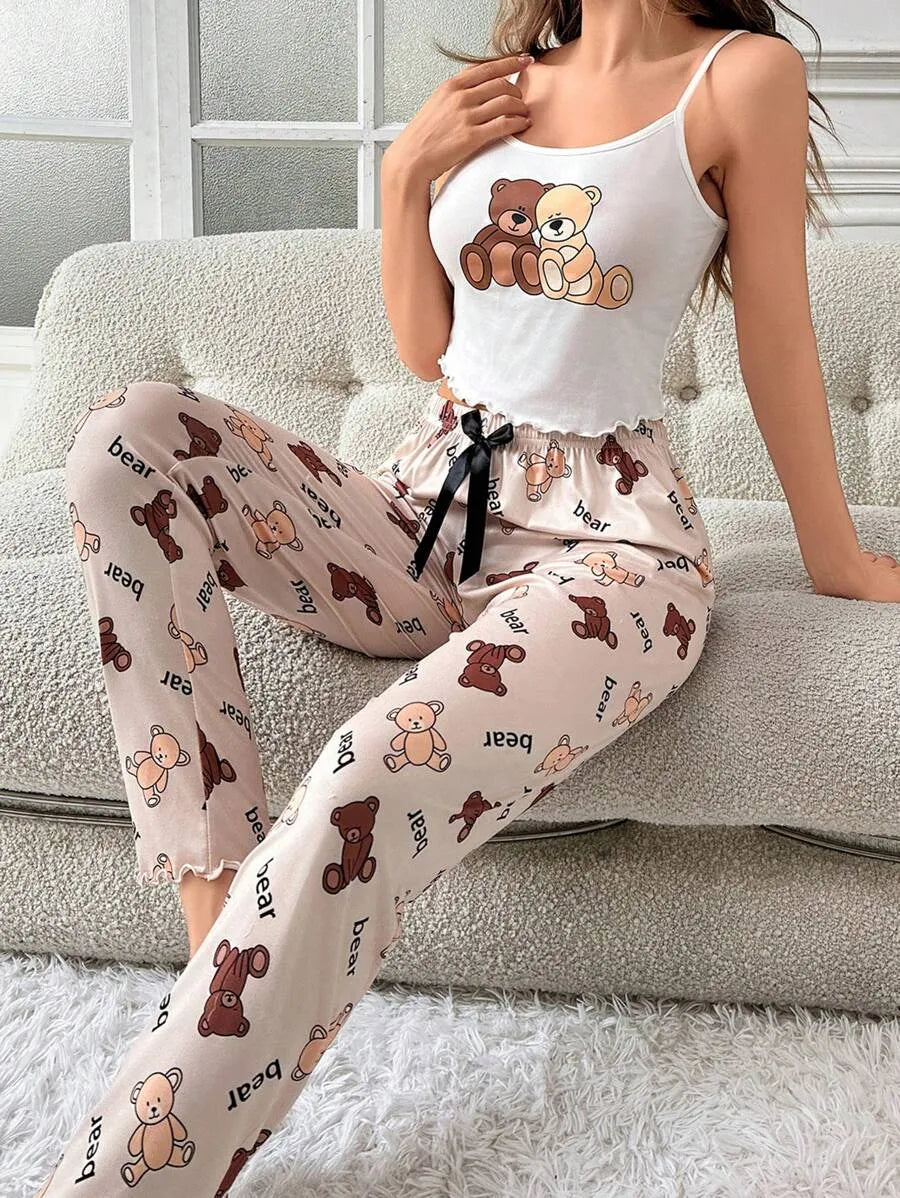 SHEIN طقم بيجامة قطعتين كامي وبنطلون طويل مزين بفيونكة متعدد الألوان