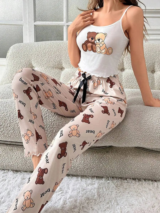 SHEIN طقم بيجامة قطعتين كامي وبنطلون طويل مزين بفيونكة متعدد الألوان