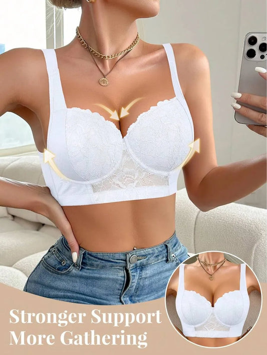 SHEIN حمالة صدر نسائية سلكية بدانتيل وحشوة وحمالات قابلة للتعديل بلون أبيض
