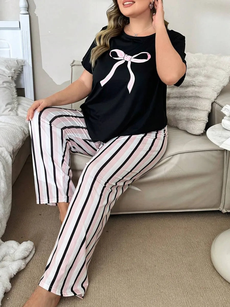 SHEIN طقم بيجامة نسائي بلون متعدد الألوان بفيونكة وبنطال مخطط وأكمام قصيرة