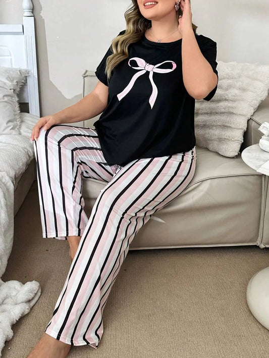SHEIN طقم بيجامة نسائي بلون متعدد الألوان بفيونكة وبنطال مخطط وأكمام قصيرة
