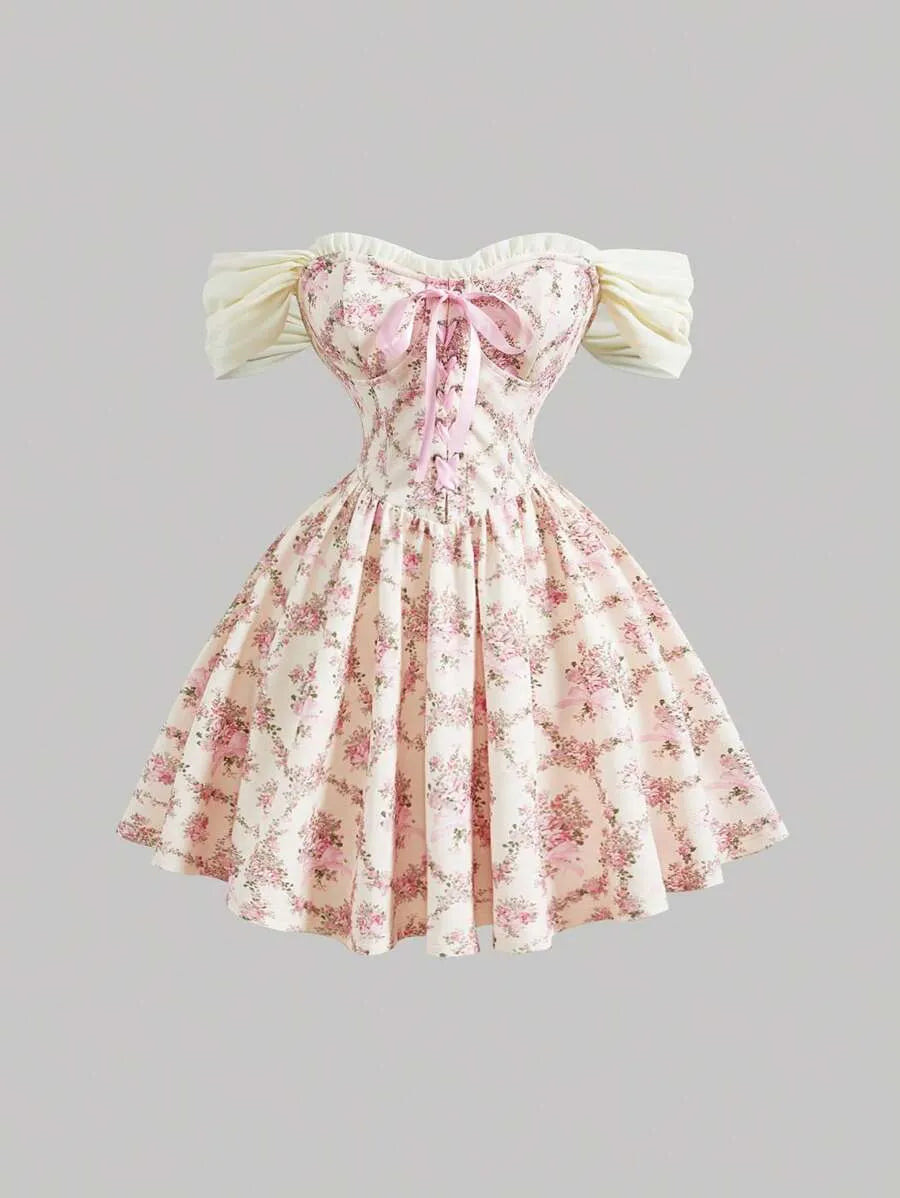 SHEIN MOD فستان بلون متعدد الألوان قصير وأكتاف مكشوفة وطبعات زهور وكشكش