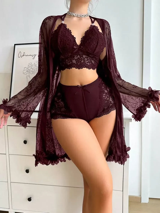 SHEIN Slumberist طقم نوم 3 قطع بلون كستنائي دانتيل وورود مع شورت