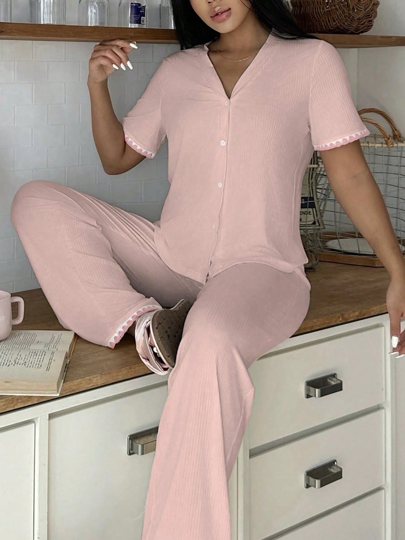 SHEIN Snug Zone طقم بيجامة نسائي قطعتين بلونين متباينين