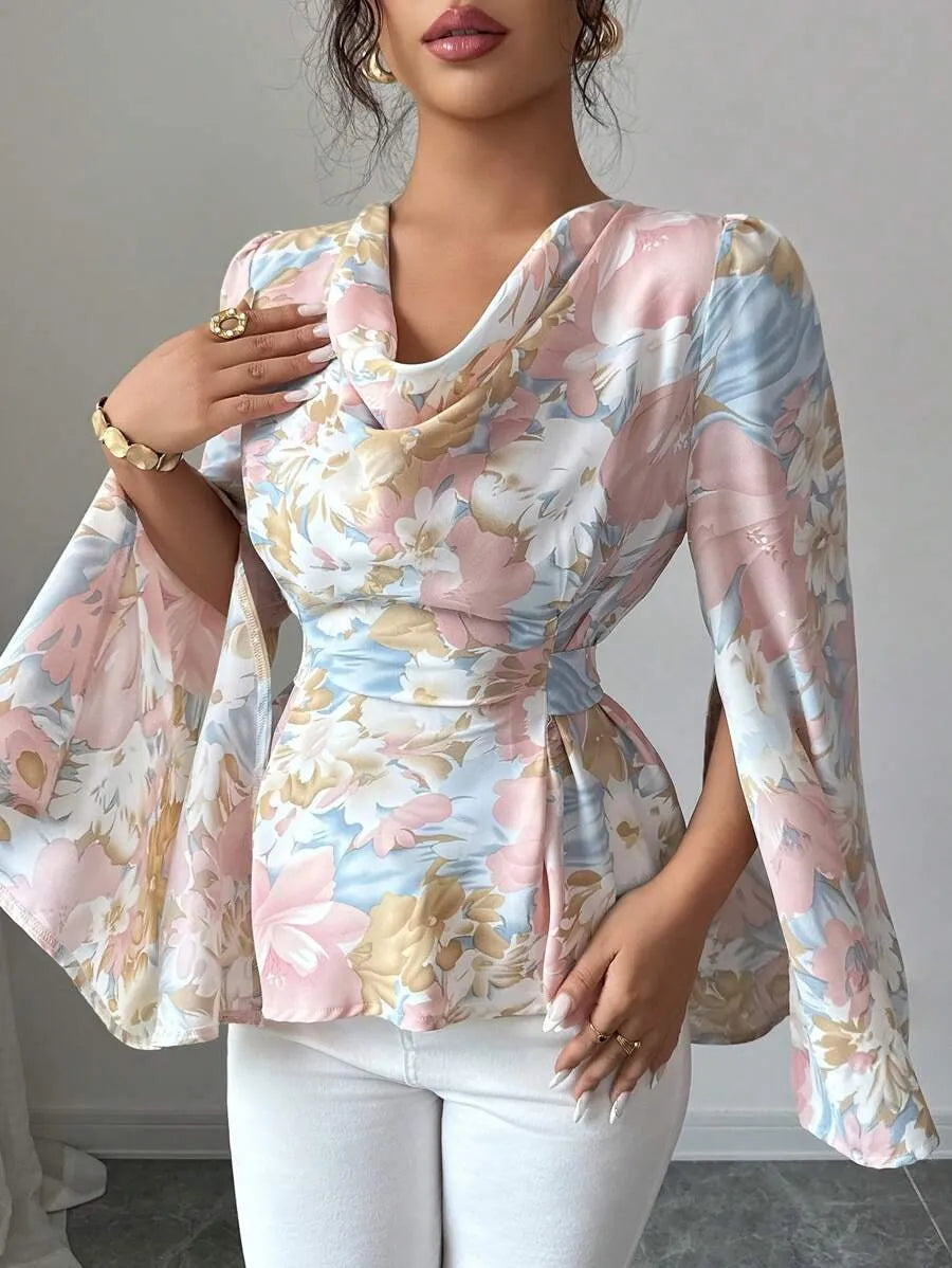 SHEIN Modelyn بلوزة نسائية فضفاضة برباط خصر وأكمام مفتوحة متعدد الألوان
