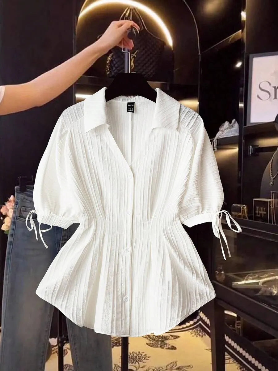 SHEIN Franclia بلوزة نسائية بأكمام قصيرة منتفخة وياقة قميص وخصر محدد بلون أبيض