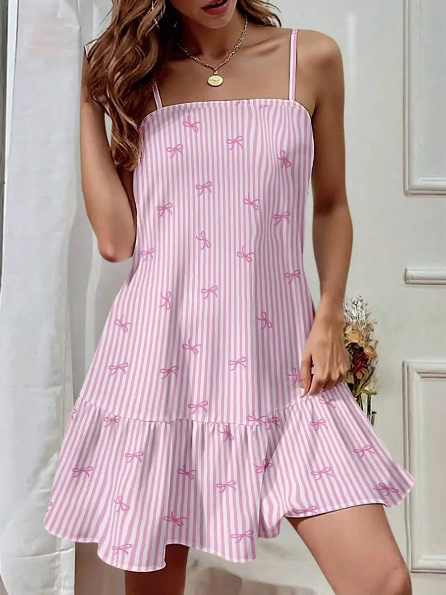 SHEIN INAWLY فستان بلون وردي ميني كامي ومطبوع بأربطة مخطط وعارية الذراعين