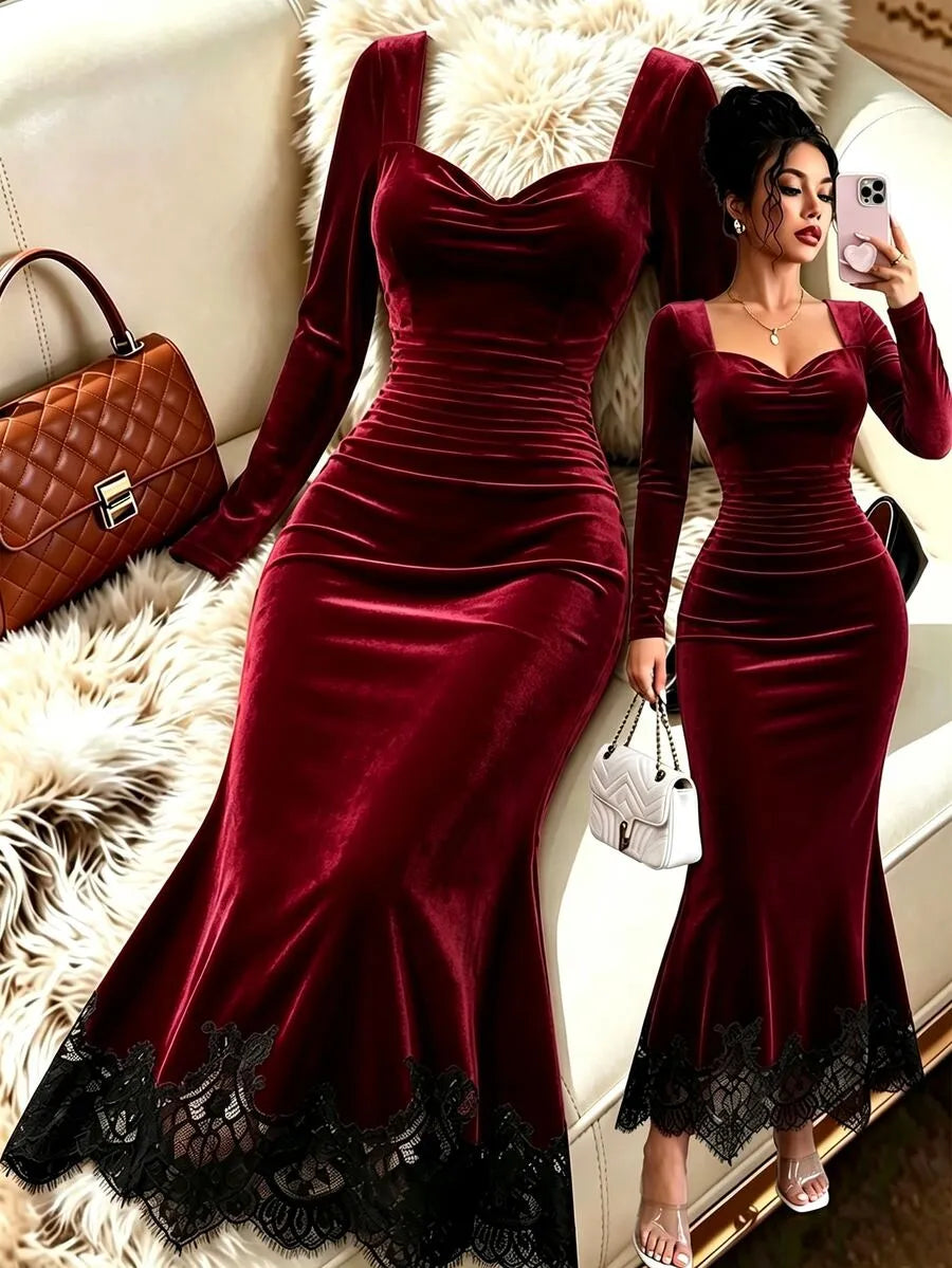 SHEIN GlowEve فستان مخملي ميدي بياقة قلب وأكمام طويلة وحافة دانتيل سوداء بلون عنابي