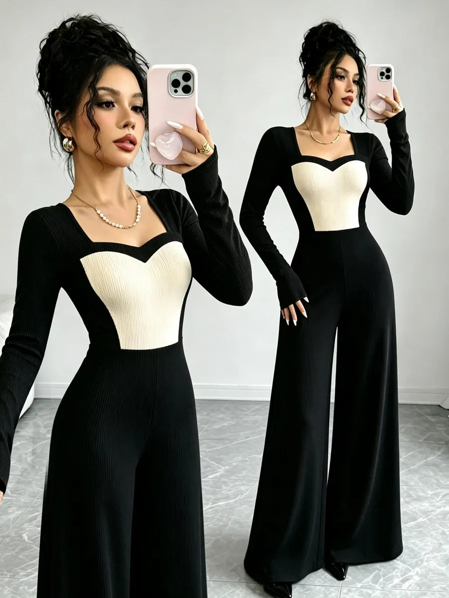 SHEIN Elenzga جمبسوت نسائي بخصر عالٍ أبيض وأسود