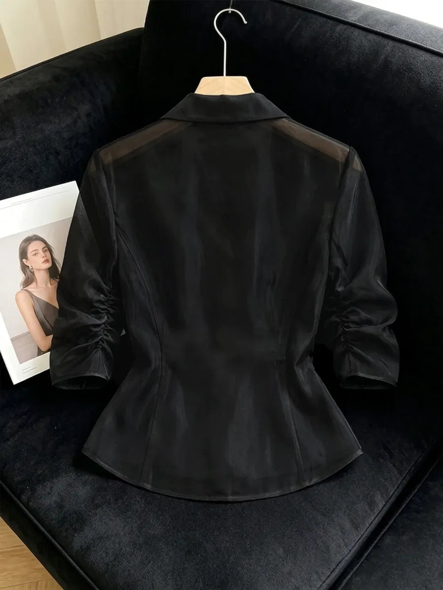 SHEIN GlowEve جاكيت خفيف شفاف بياقة مدببة وأزرار أمامية