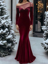 SHEIN Penseblé فستان نسائي مخملي طويل بياقة غير متماثلة وتفاصيل شبكية وذيل حورية البحر بلون عنابي
