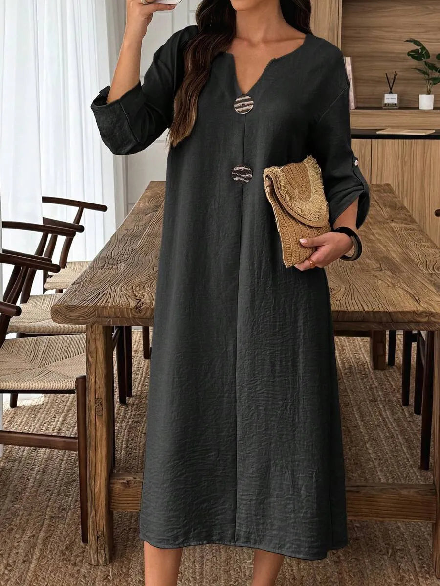SHEIN Elouméa فستان ميدي بياقة وأكمام طويلة وأزرار أمامية بلون الأسود