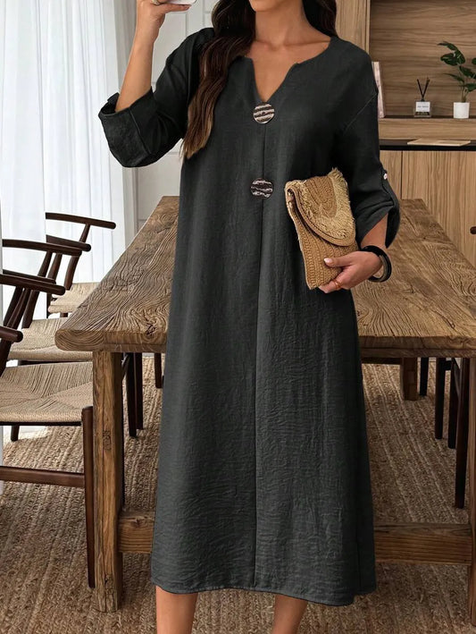 SHEIN Elouméa فستان ميدي بياقة وأكمام طويلة وأزرار أمامية بلون الأسود