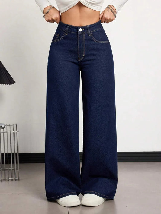 SHEIN Tall بنطلون جينز واسع بخصر عالٍ وجيوب بلون أزرق داكن