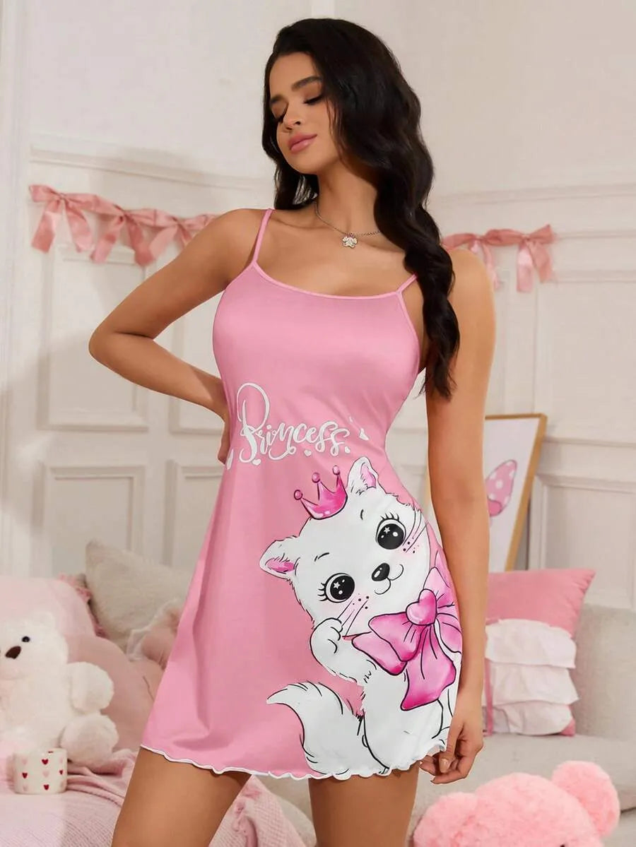 SHEIN قميص نوم قصير بطبعة قطة وفيونكة متعدد الألوان