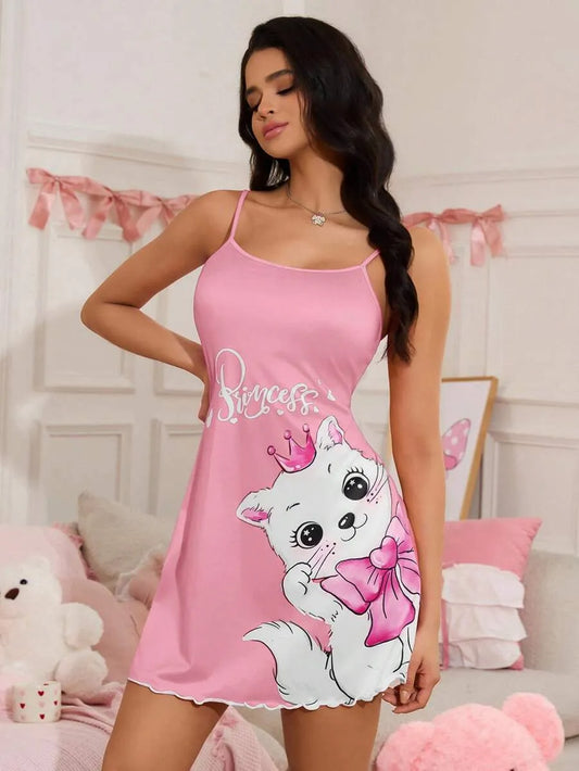 SHEIN قميص نوم قصير بطبعة قطة وفيونكة متعدد الألوان