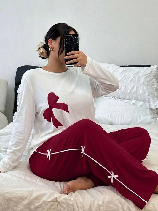 SHEIN طقم بيجامة نسائي بلون أحمر بفيونكة وأكمام طويلة