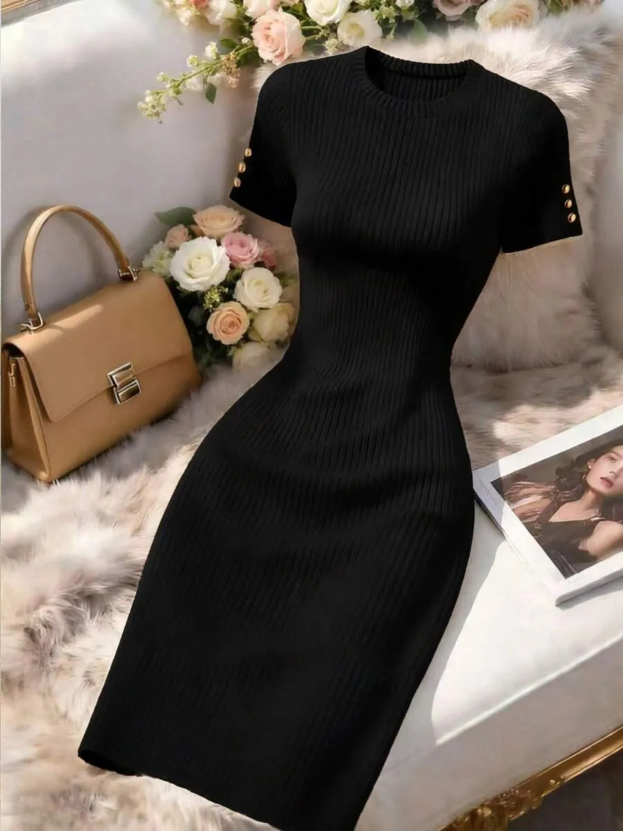 SHEIN Franclia فستان محبوك مضلع ميدي بأكمام قصيرة وأزرار أمامية بلون أسود