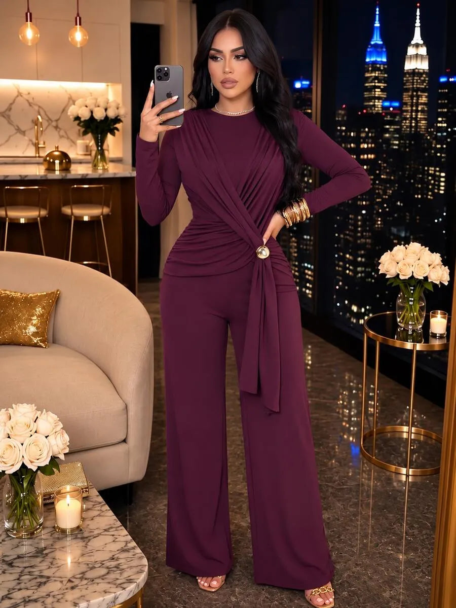 SHEIN SOLERSUN جمبسوت نسائي بخصر مجعد وتفاصيل معدنية وساق واسعة بلون أرجواني