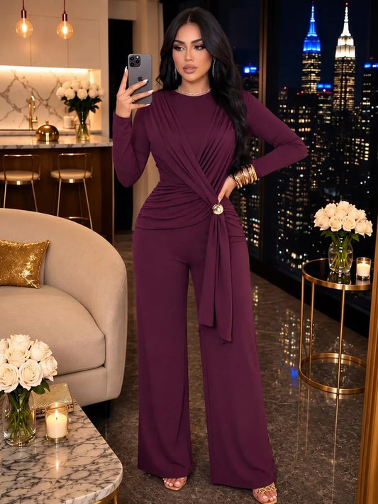 SHEIN SOLERSUN جمبسوت نسائي بخصر مجعد وتفاصيل معدنية وساق واسعة بلون أرجواني