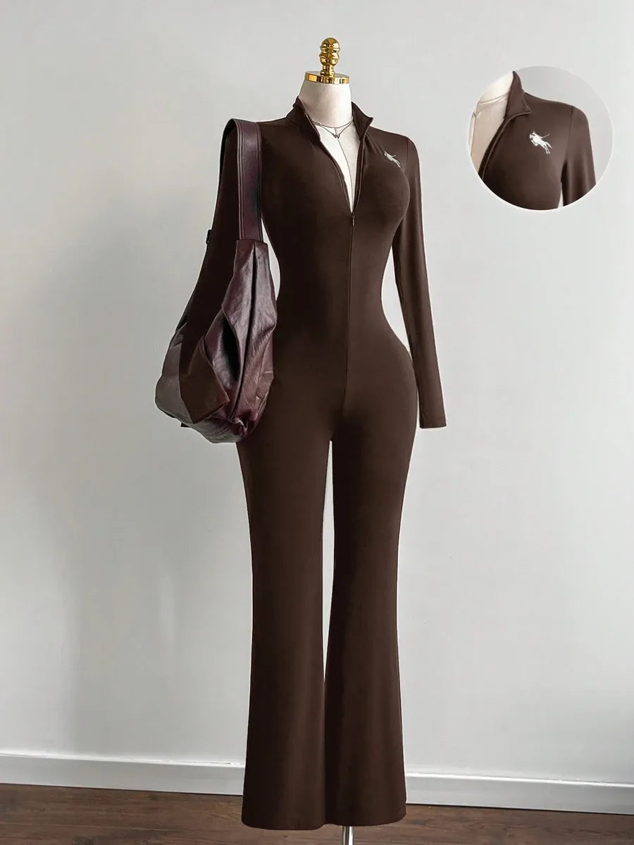SHEIN Flirla جمبسوت نسائي ضيق بياقة واقفة وسحاب أمامي بلون بني
