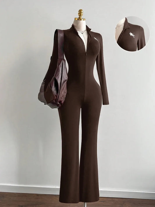 SHEIN Flirla جمبسوت نسائي ضيق بياقة واقفة وسحاب أمامي بلون بني
