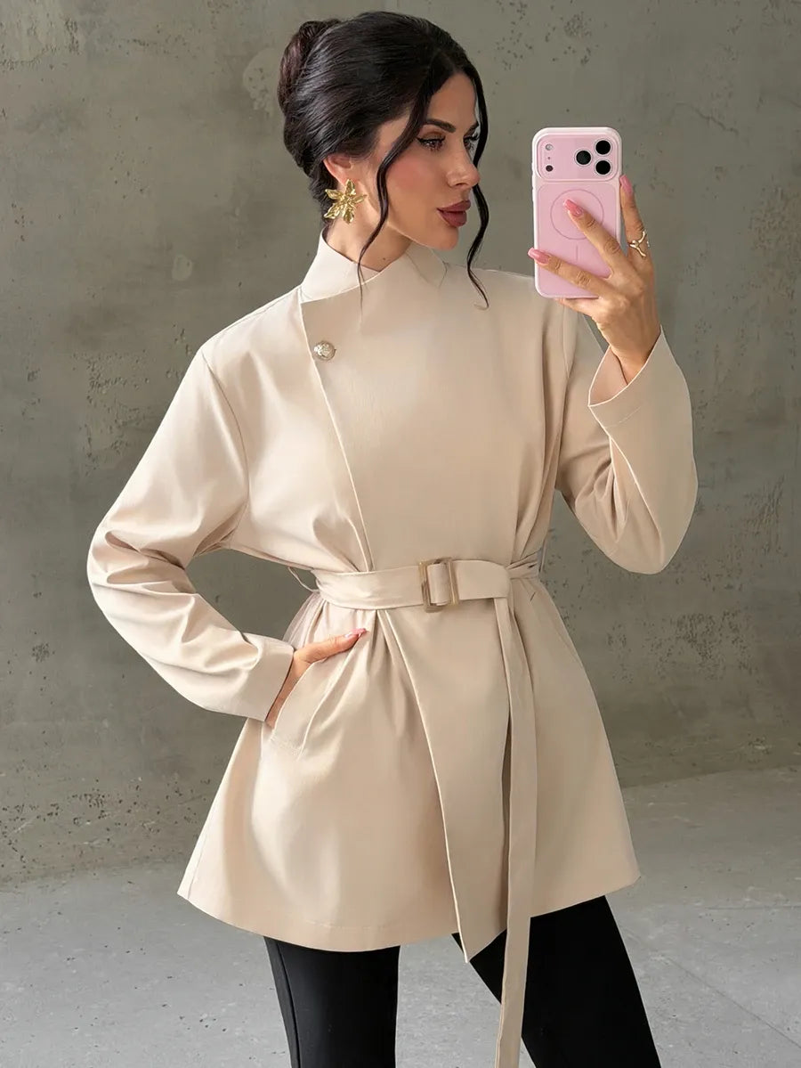 SHEIN Firerie معطف ترنش نسائي بياقة واقفة وأزرار وحزام خصر بلون كاكي