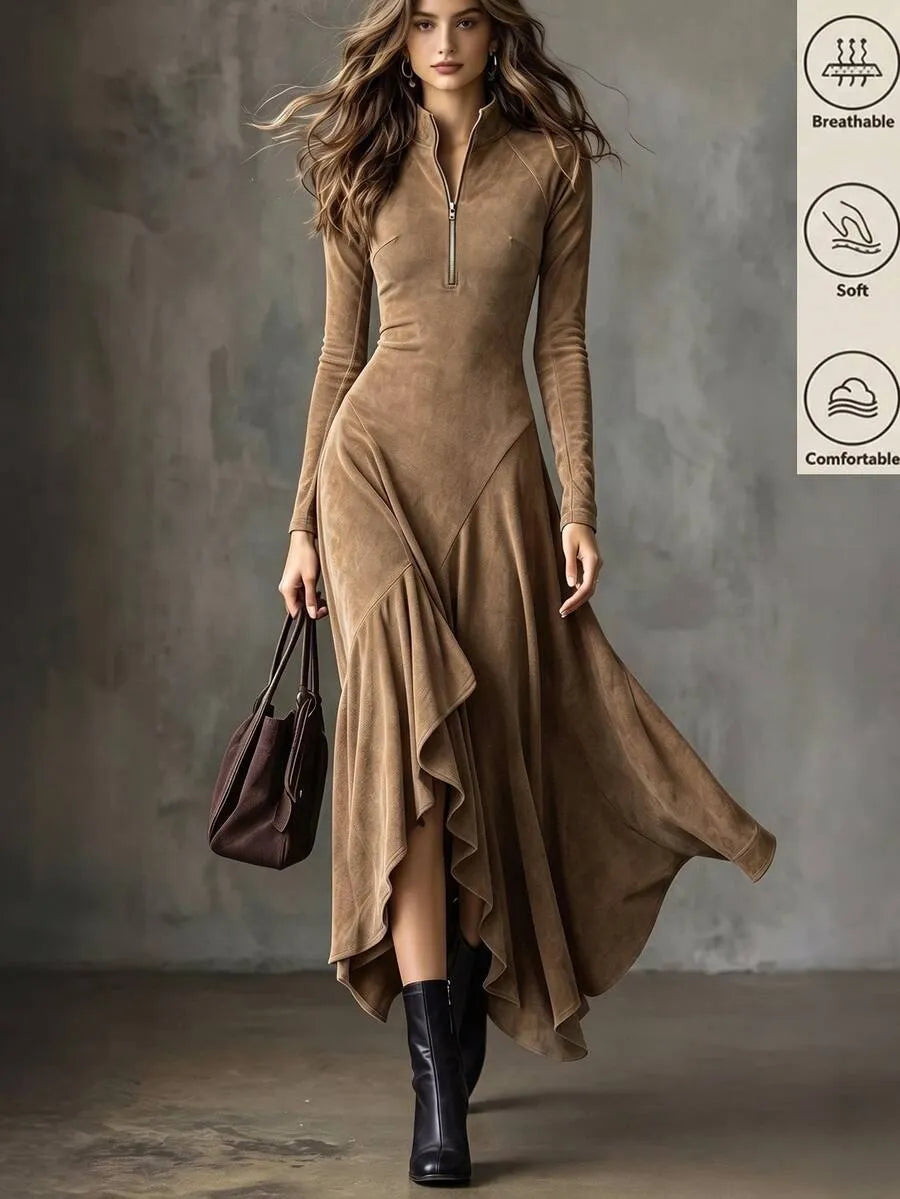 SHEIN فستان ميدي بملمس الجلد السويدي بياقة قائمة وأكمام طويلة وكشكش غير متماثل بلون كاكي