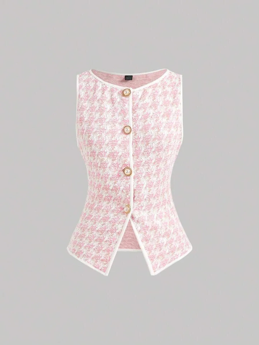 SHEIN MOD قميص داخلي نسائي محبوك بياقة دائرية وأزرار أمامية وقصة غير متماثلة بلون وردي