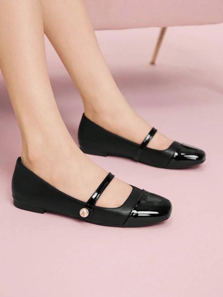 SHEIN CUCCOO DOLLMOD أحذية باليه نسائية سوداء مزينة بالخرز