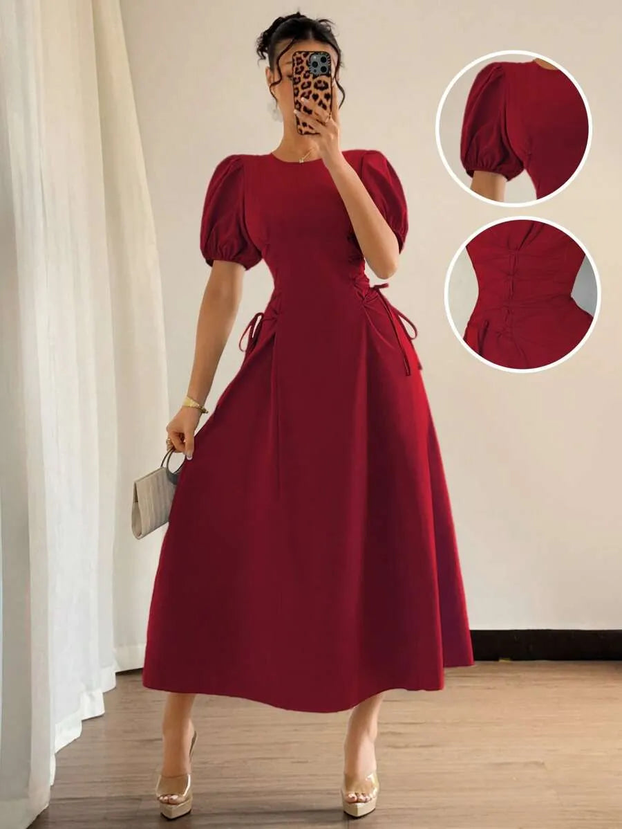 SHEIN Elenzga فستان عنابي صيفي بأكمام منتفخة وخصر مكشكش مربوط جانبيًا