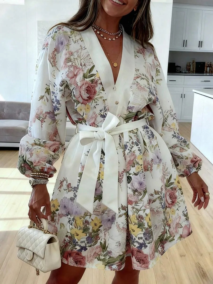 SHEIN فستان بلون متعدد الألوان قصير بياقة وأكمام طويلة وحزام بتصميم كشكش