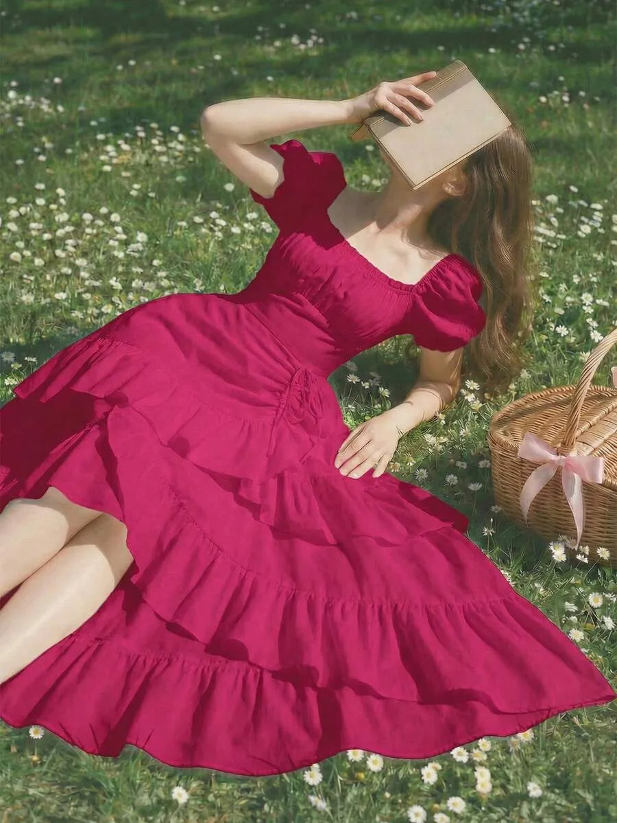SHEIN MOD فستان طويل بياقة مربعة وأكمام قصيرة وكشكش بذيل غير متماثل بلون وردي أحمر