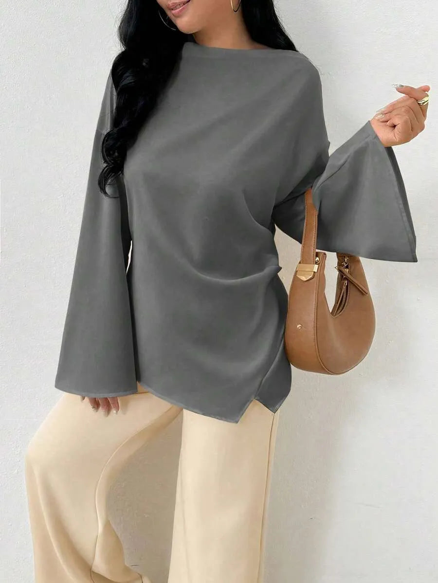 SHEIN INAWLY بلوزة نسائية طويلة بياقة قارب وأكمام واسعة وقصة غير متماثلة بلون رمادي