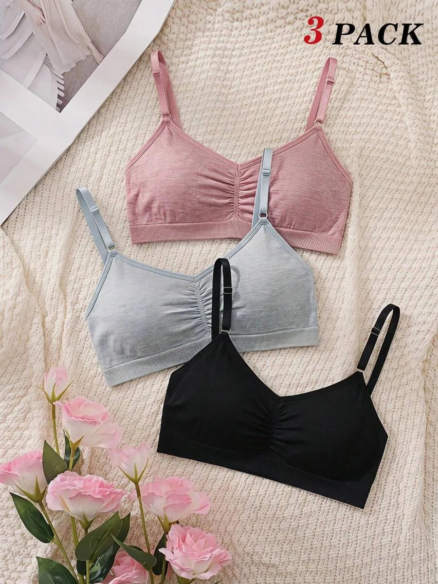 SHEIN MOD طقم 3 حمالات صدر نسائية بدون سلك ومبطنة قليلاً ومتجعدة متعدد الألوان