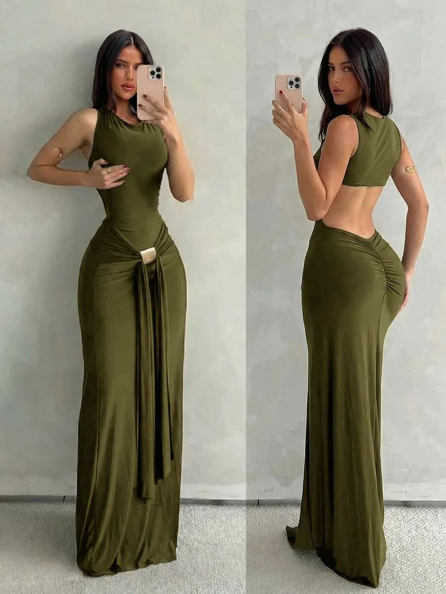 SHEIN Aloruh فستان ماكسي بلون أخضر عسكري بدون أكمام وقصة ضيقة بذيل سمكة