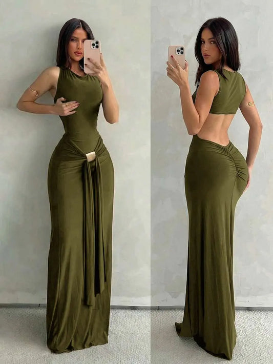 SHEIN Aloruh فستان ماكسي بلون أخضر عسكري بدون أكمام وقصة ضيقة بذيل سمكة